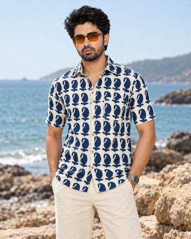 Organic Block Printed Indigo Cotton Mens Shirts