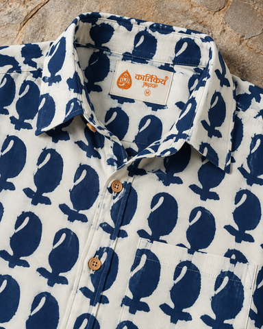 Organic Block Printed Indigo Cotton Mens Shirts