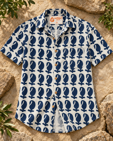 Organic Block Printed Indigo Cotton Mens Shirts