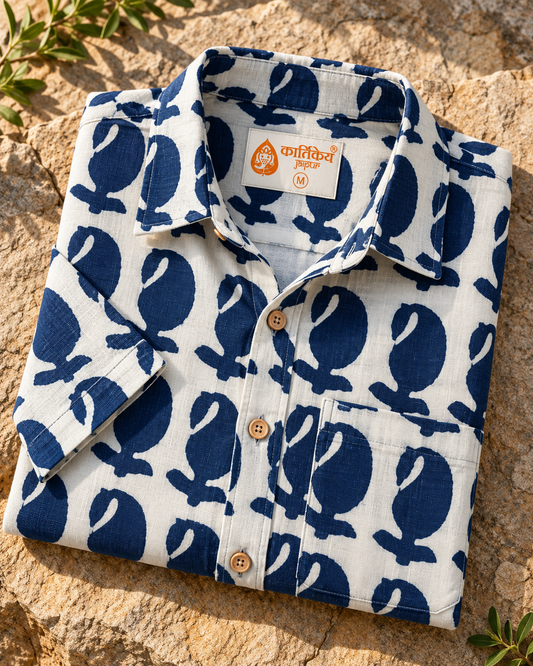 Organic Block Printed Indigo Cotton Mens Shirts