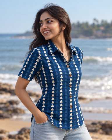 Womens Natural Indigo Print Organic Cotton Half Sleeves Shirt - Limited Edition ( Pre book dispatch by 7th OCT )