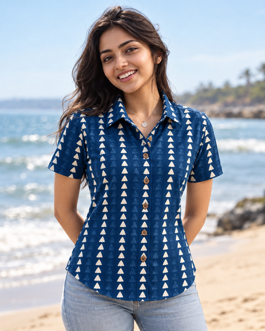 Womens Natural Indigo Print Organic Cotton Half Sleeves Shirt - Limited Edition ( Pre book dispatch by 7th OCT )