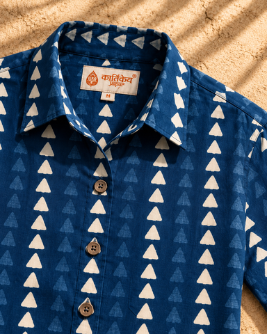 Womens Natural Indigo Print Organic Cotton Half Sleeves Shirt - Limited Edition ( Pre book dispatch by 7th OCT )