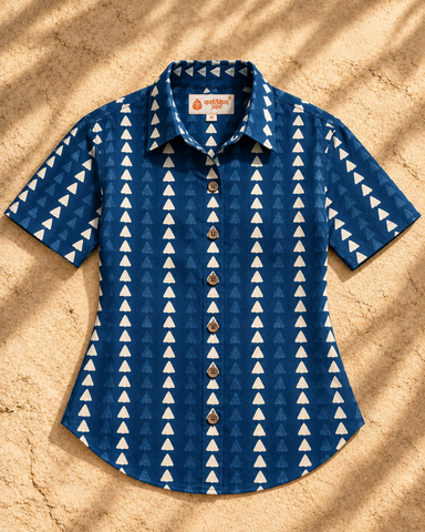 Womens Natural Indigo Print Organic Cotton Half Sleeves Shirt - Limited Edition ( Pre book dispatch by 7th OCT )