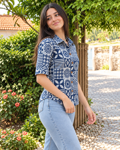 Natural Indigo Print Organic Cotton Half Shirt For Womens - Limited Edition ( Pre book dispatch by 7th OCT )