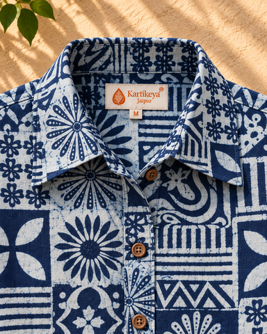 Natural Indigo Print Organic Cotton Half Shirt For Womens - Limited Edition ( Pre book dispatch by 7th OCT )