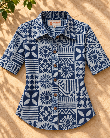 Natural Indigo Print Organic Cotton Half Shirt For Womens - Limited Edition ( Pre book dispatch by 7th OCT )