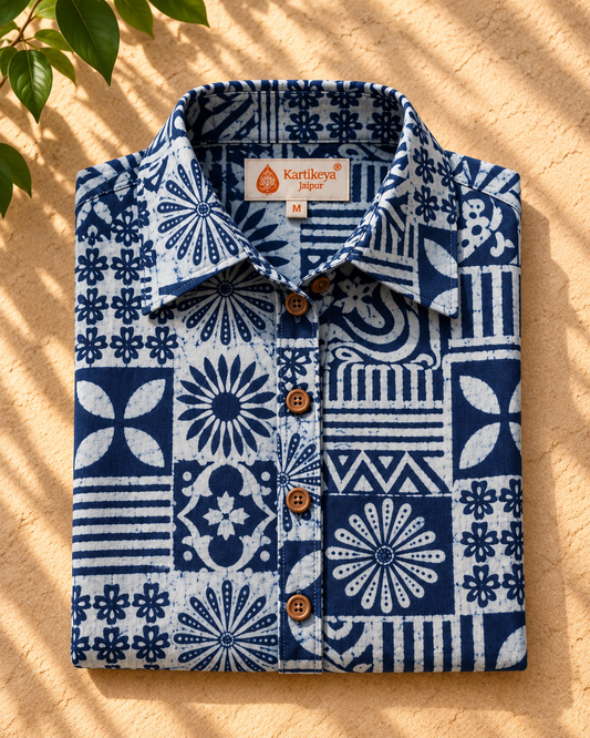 Natural Indigo Print Organic Cotton Half Shirt For Womens - Limited Edition