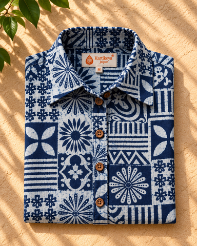 Natural Indigo Print Organic Cotton Half Shirt For Womens - Limited Edition ( Pre book dispatch by 7th OCT )