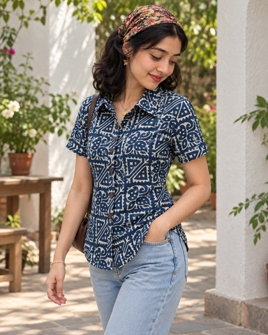 Natural Indigo Print Organic Cotton Half Shirt For Womens - Limited Edition ( Pre book dispatch by 7th OCT )