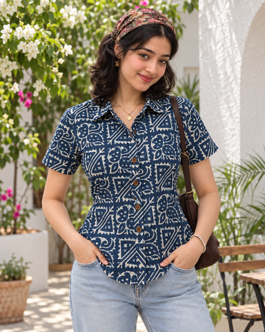 Natural Indigo Print Organic Cotton Half Shirt For Womens - Limited Edition ( Pre book dispatch by 7th OCT )
