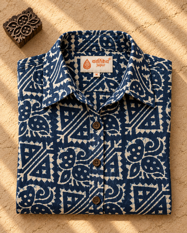 Natural Indigo Print Organic Cotton Half Shirt For Womens - Limited Edition ( Pre book dispatch by 7th OCT )