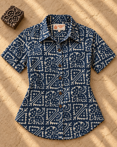 Natural Indigo Print Organic Cotton Half Shirt For Womens - Limited Edition ( Pre book dispatch by 7th OCT )