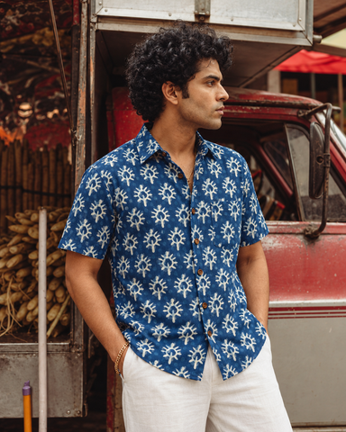 Kartikeya Jaipur Natural Print Indigo Half Sleeves Shirt -Organic ( Pre Book - Dispatch by 6TH NOV  )