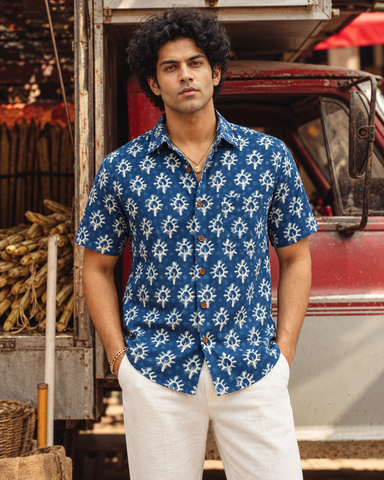 Kartikeya Jaipur Natural Print Indigo Half Sleeves Shirt -Organic ( Pre Book - Dispatch by 6TH NOV  )