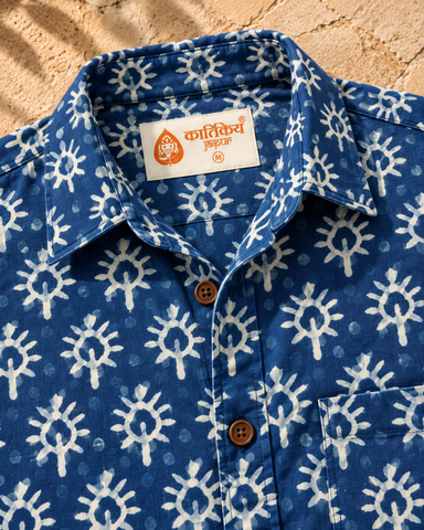 Kartikeya Jaipur Natural Print Indigo Half Sleeves Shirt -Organic ( Pre Book - Dispatch by 6TH NOV  )