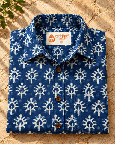 Kartikeya Jaipur Natural Print Indigo Half Sleeves Shirt -Organic ( Pre Book - Dispatch by 6TH NOV  )