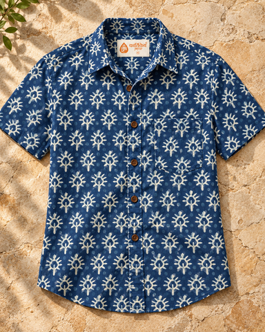 Kartikeya Jaipur Natural Print Indigo Half Sleeves Shirt -Organic ( Pre Book - Dispatch by 6TH NOV  )