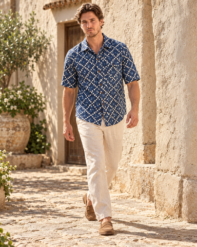 Kartikeya Jaipur Natural Print Indigo Half Sleeves Shirt -Organic ( Pre Book - Dispatch by 6TH NOV  )