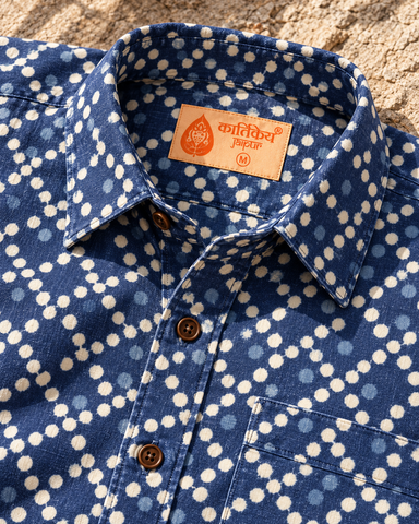 Kartikeya Jaipur Natural Print Indigo Half Sleeves Shirt -Organic ( Pre Book - Dispatch by 6TH NOV  )