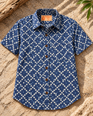 Kartikeya Jaipur Natural Print Indigo Half Sleeves Shirt -Organic ( Pre Book - Dispatch by 6TH NOV  )