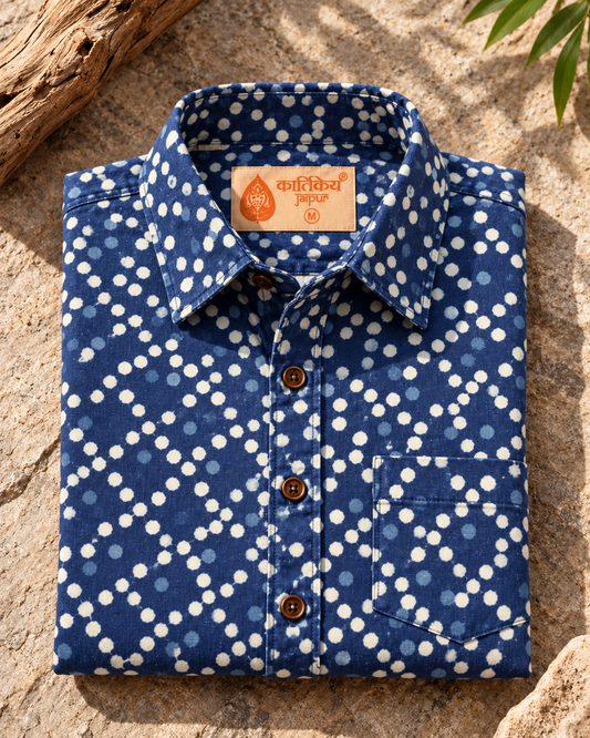 Kartikeya Jaipur Natural Print Indigo Half Sleeves Shirt -Organic ( Pre Book - Dispatch by 6TH NOV  )