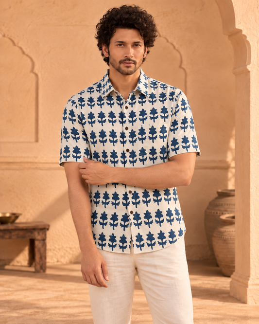 Kartikeya Jaipur Natural Print Indigo Half Sleeves Shirt -Organic ( Pre Book - Dispatch by 6TH NOV  )