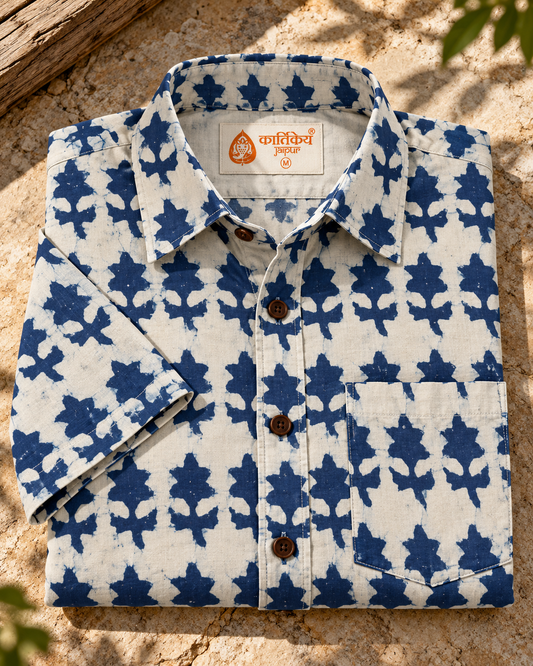 Kartikeya Jaipur Natural Print Indigo Half Sleeves Shirt -Organic ( Pre Book - Dispatch by 6TH NOV  )
