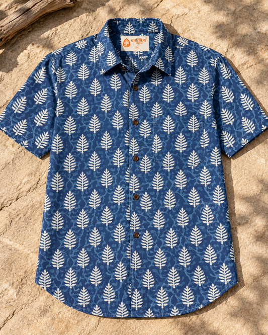 Kartikeya Jaipur Natural Print Indigo Half Sleeves Shirt -Organic ( Pre Book - Dispatch by 6TH NOV  ) (Copy)