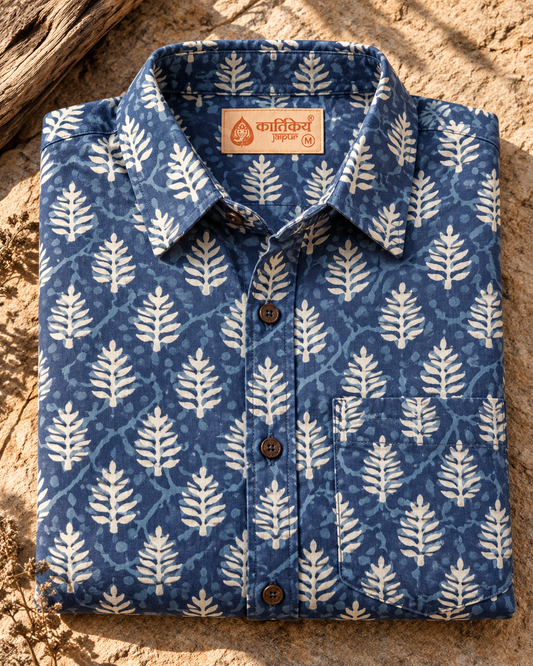Kartikeya Jaipur Natural Print Indigo Half Sleeves Shirt -Organic ( Pre Book - Dispatch by 6TH NOV  ) (Copy)