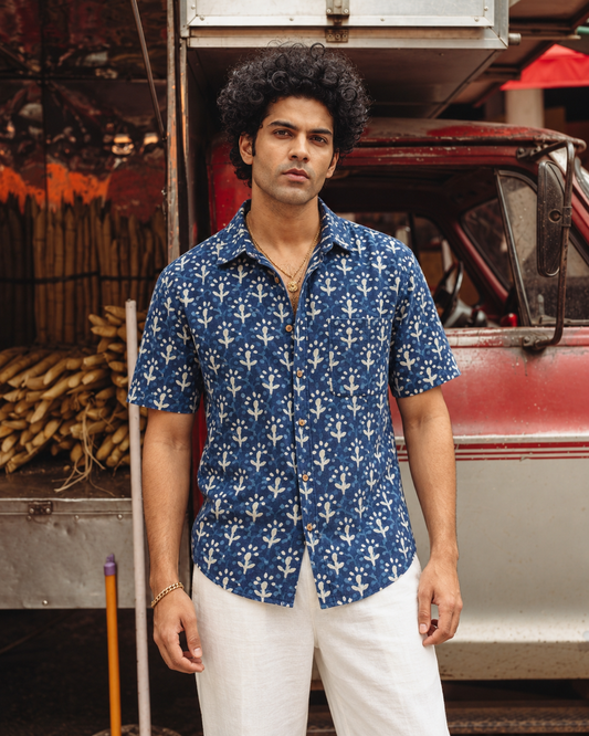 Kartikeya Jaipur Natural Print Indigo Half Sleeves Shirt -Organic ( Pre Book - Dispatch by 6TH NOV  ) (Copy) (Copy)
