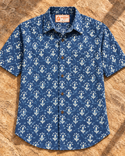 Kartikeya Jaipur Natural Print Indigo Half Sleeves Shirt -Organic ( Pre Book - Dispatch by 6TH NOV  ) (Copy) (Copy)