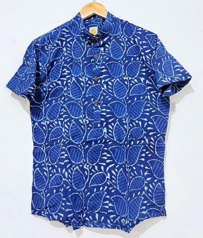 Indigo Print Half Sleeve Cotton Short Kurta for Men