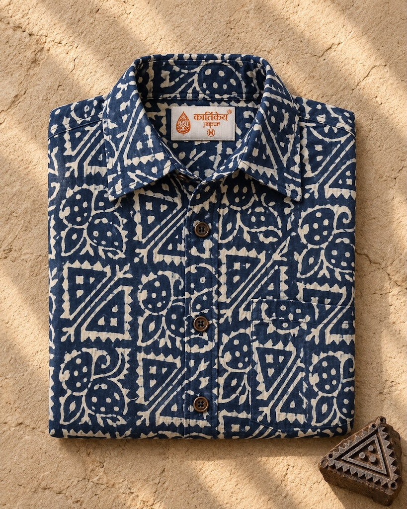 Kartikeya Jaipur Natural Print Organic Cotton Indigo Half Shirt - Limited Edition ( Pre book dispatch by 5th OCT )