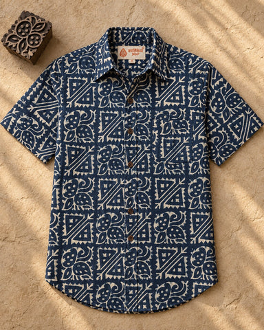 Kartikeya Jaipur Natural Print Organic Cotton Indigo Half Shirt - Limited Edition ( Pre book dispatch by 5th OCT )