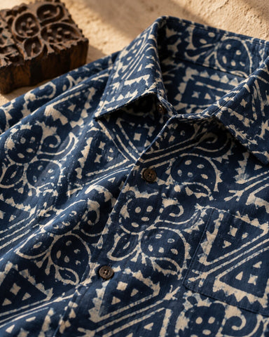 Kartikeya Jaipur Natural Print Organic Cotton Indigo Half Shirt - Limited Edition ( Pre book dispatch by 5th OCT )