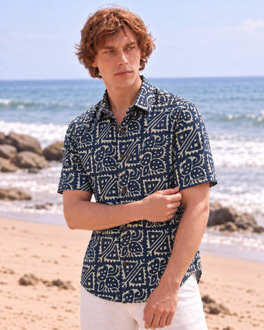 Kartikeya Jaipur Natural Print Organic Cotton Indigo Half Shirt - Limited Edition ( Pre book dispatch by 5th OCT )
