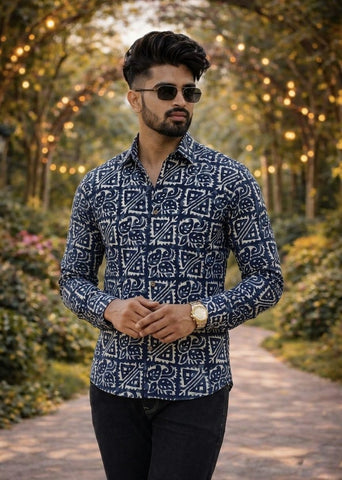 Classic Indigo Block Print Full Sleeves Cotton Men Shirt - Organic