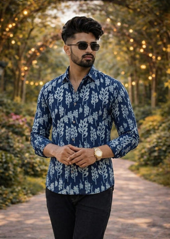 Classic Indigo Block Print Full Sleeves Cotton Men Shirt - Organic