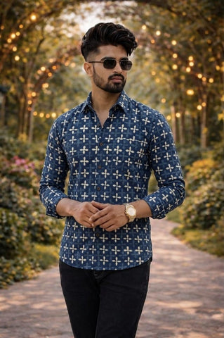 Classic Indigo Block Print Full Sleeves Cotton Men Shirt - Organic