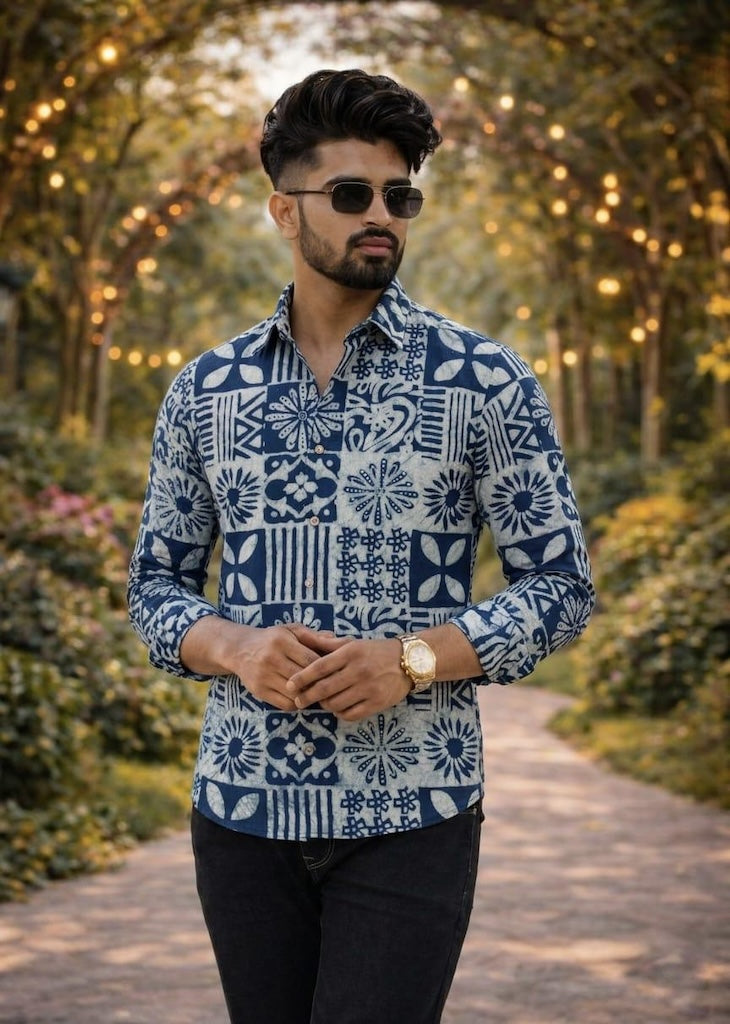 Classic Indigo Block Print Full Sleeves Cotton Men Shirt - Organic