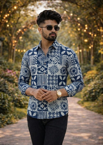 Classic Indigo Block Print Full Sleeves Cotton Men Shirt - Organic