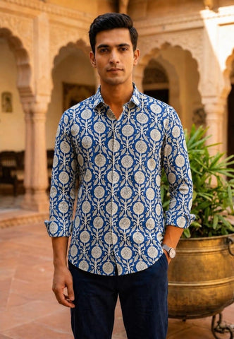 Classic Indigo Block Print Full Sleeves Cotton Men Shirt - Organic