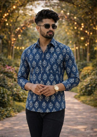 Classic Indigo Block Print Full Sleeves Cotton Men Shirt - Organic