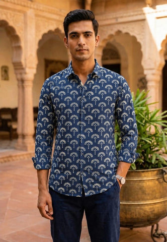 Classic Indigo Block Print Full Sleeves Cotton Men Shirt - Organic