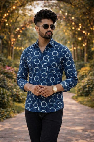 Classic Indigo Block Print Full Sleeves Cotton Men Shirt - Organic