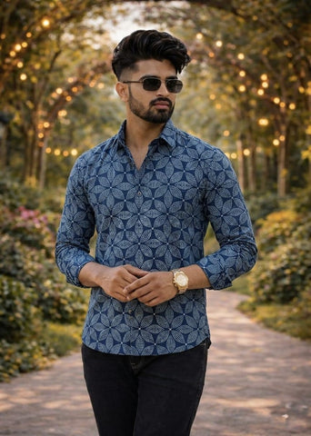 Classic Indigo Block Print Full Sleeves Cotton Men Shirt - Organic