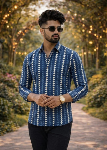 Classic Indigo Block Print Full Sleeves Cotton Men Shirt - Organic
