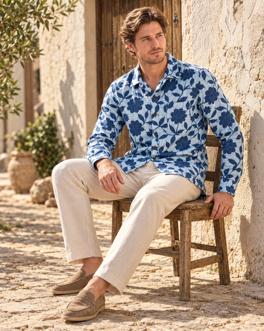 Kartikeya Jaipur Natural Print Indigo Full Sleeves Shirt -Organic ( Pre Book - Dispatch by 5TH NOV )