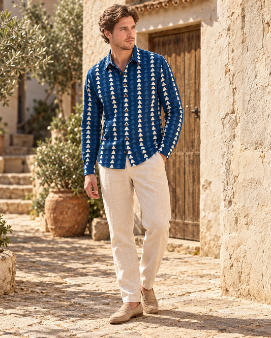 Kartikeya Jaipur Natural Print Indigo Full Sleeves Shirt -Organic ( Pre Book - Dispatch by 5TH NOV )